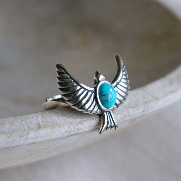 Eagle Emblem Turquoise Sterling Silver Ring – Handcrafted Native American Jewel - Picture 4 of 11